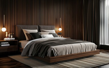 3d rendering of modern bedroom interior design with bed, night stand and wooden floor in dark brown color