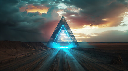 Desert road leading to a glowing triangular portal against a dramatic sky. An expansive sandy landscape opens up to a mysterious light-emitting triangle on the horizon under a stormy twilight