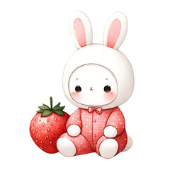Illustrated Rabbit in Strawberry Costume Sitting
