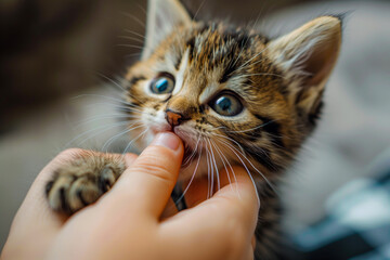 cute funny kitten playing with fingers, adorable young animal