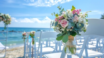 Luxurious wedding ceremony on the ocean beach White chairs decorated with a beautiful bouquet of flowers in a jar hanging on them