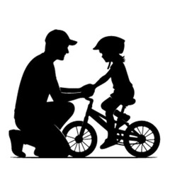 minimalist Father helps his daughter ride bike. Father teaches child wearing safety helmet to ride bicycle vector black color silhouette, Black color silhouette png white background-03