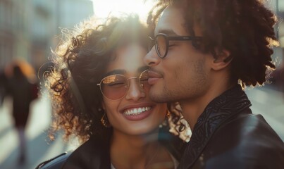 City streets at a sunny day. Affectionate diverse couple sharing a tender kiss