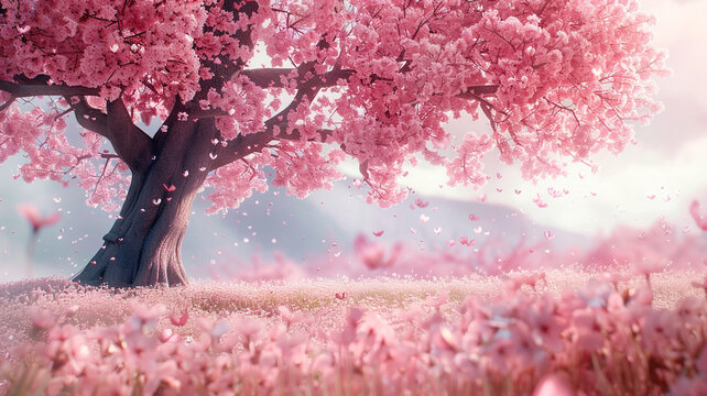 Whimsical cherry blossom tree in full bloom, creating a magical pink canopy.