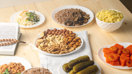 Lenten food for orthodox Christians on wooden background, concept of righteous food.