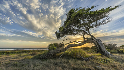 Whimsical cypress tree bending in the coastal winds.