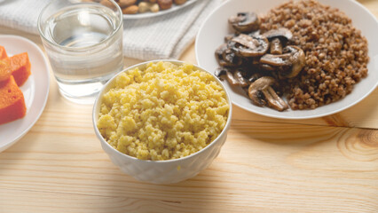 Lenten food for orthodox Christians on wooden background, concept of righteous food.