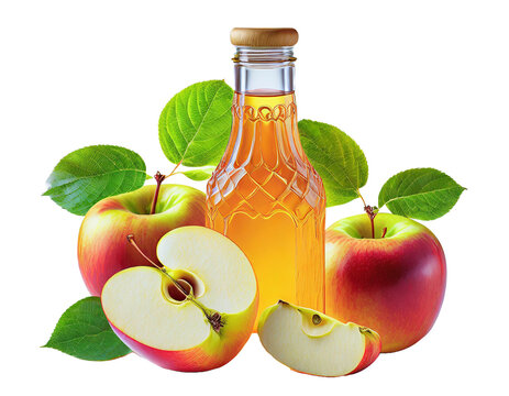 Butelka z sokiem jabłkowym i jabłka na przezroczystym tle
