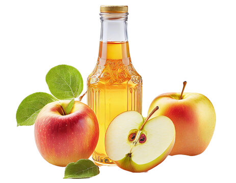 Butelka z sokiem jabłkowym i jabłka na przezroczystym tle