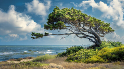 Fototapeta na wymiar Whimsical cypress tree bending in the coastal winds.