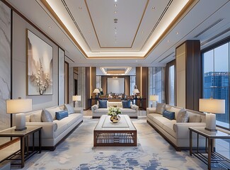 Modern Chinese style living room interior design, with a beige and blue color scheme and marble...
