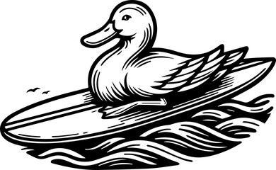 Fototapeta premium Peaceful Duck Surfing Illustration in Monochrome. Duck on Surfboard: Playful Black and White Illustration. Logo with duck on surfboard.