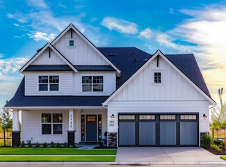 Modern farmhouse style home exterior with white paint, black roof and porch, front door, garage