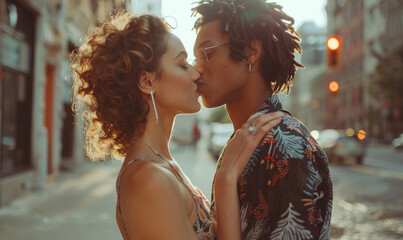 City streets at a sunny day. Affectionate diverse couple sharing a tender kiss