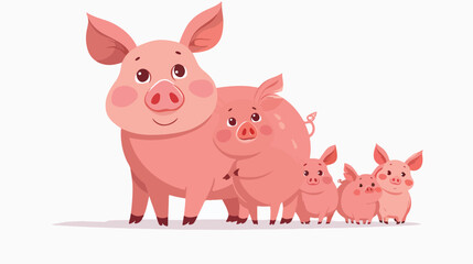 Cartoon happy pig mother with piglets flat vector isolated