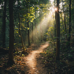 A trail meanders through dense woods illuminated by sunlight filtering through the leaves a path of wonder