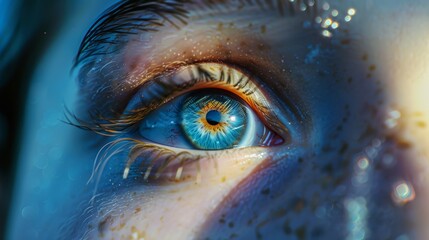 eyes close up staring into camera photorealistic cinematic blue and gold colours