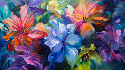 Fototapeta na wymiar An oil painting where floral dreams bloom in multicolor each petal a brushstroke from a vibrant dreamlike palette