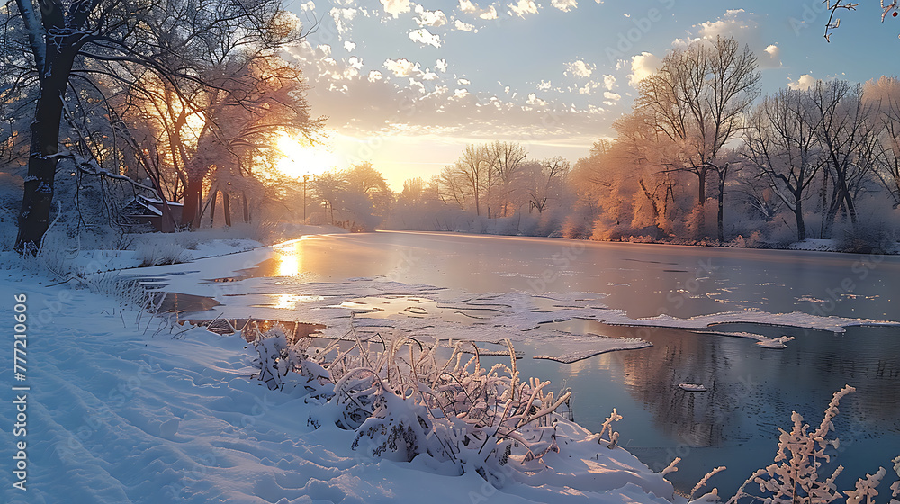 Poster frozen ice lake in winter in a park in the forest in sunny weather a panoramic view with a blue sky 