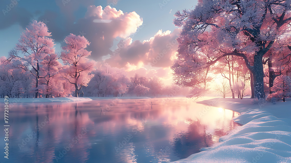 Poster frozen ice lake in winter in a park in the forest in sunny weather a panoramic view with a blue sky 