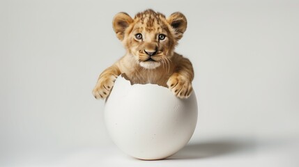 A baby lion is inside of an egg