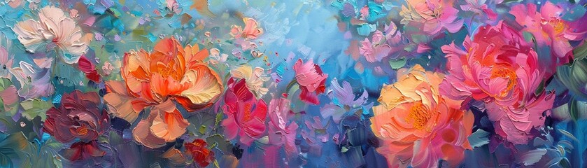 In this oil painting a floral dreamscape unfolds in multicolor splendor inviting viewers into a world of fantasy and bloom