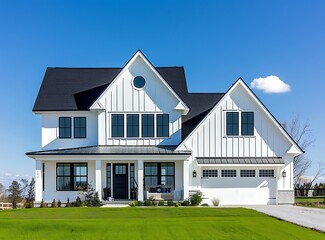 Modern farmhouse style home exterior with white paint, black roof and porch, front door, garage