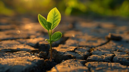 A small green plant is growing in the dirt - obrazy, fototapety, plakaty