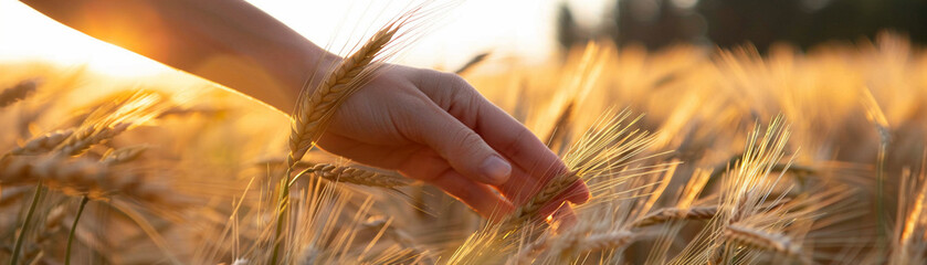 A female hand caresses the barley tips at golden hour crafting a narrative of harmony and peace with nature - obrazy, fototapety, plakaty