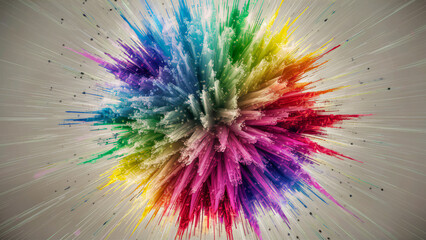 This is an image of a vibrant explosion of paint splatters that appear to be radiating outward from a central point. The dynamic and colorful burst resembles a fireworks display or cosmic event. - obrazy, fototapety, plakaty