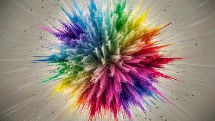 Foto op Canvas This is an image of a vibrant explosion of paint splatters that appear to be radiating outward from a central point. The dynamic and colorful burst resembles a fireworks display or cosmic event. © Laurent