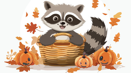 Cartoon happy raccoon in pumpkin basket flat vector isolated