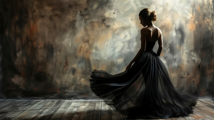 A poised ballerina in mid-pirouette, her black flowing dress creating a striking silhouette against a dark backdrop