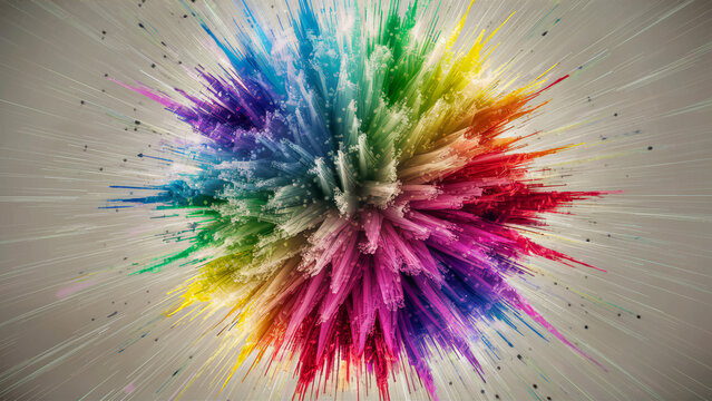 This is an image of a vibrant explosion of paint splatters that appear to be radiating outward from a central point. The dynamic and colorful burst resembles a fireworks display or cosmic event.