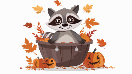 Cartoon happy raccoon in pumpkin basket flat vector isolated