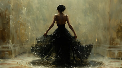 An artistic interpretation of ballet, with a focus on the fluidity of a dancer's form, her dark attire contrasting sharply with the light floor