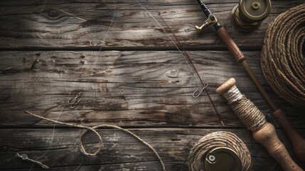 Fishing equipment set with hooks, rod, lines, baits, and shoes on wooden background, with text space - obrazy, fototapety, plakaty