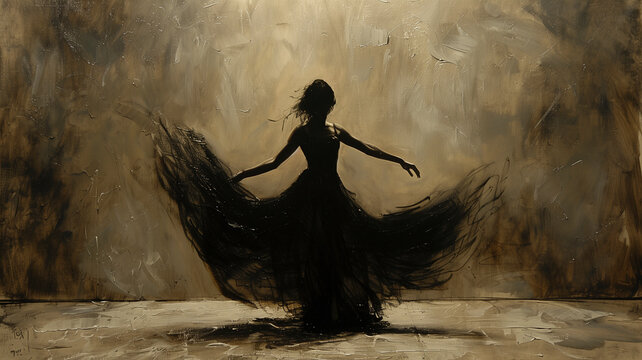 An artistic interpretation of ballet, with a focus on the fluidity of a dancer's form, her dark attire contrasting sharply with the light floor