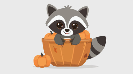 Cartoon happy raccoon in pumpkin basket flat vector isolated