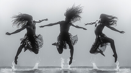Powerful composition of dancers leaping, their physical forms striking bold lines and curves in a moment of suspended animation, monochrome palette