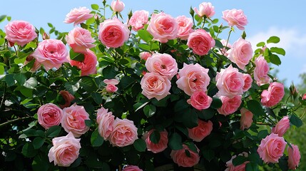Rose bush with lots of pink roses in bloom