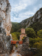 North Macedonia landscape - St. Nicholas old monastery in mountains of Matka canyon, travel in Balkans beautiful destination landscape historical landmarks - obrazy, fototapety, plakaty