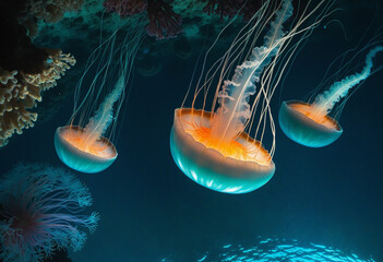 bioluminescent jellyfish underwater, bright colors