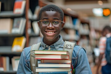 A young, enthusiastic student stands in a library, a stack of books in hand, embodying the...