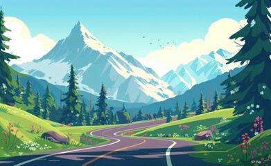  Idyllic Mountain Road Illustration, digital illustration of a peaceful mountain road, with lush greenery and vibrant wildflowers framing the scenic route