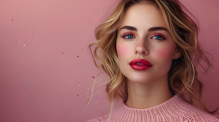 Young woman with blonde hair and bright makeup on a pink background. Fashion and beauty concept for design and print. Studio portrait with copy space - obrazy, fototapety, plakaty