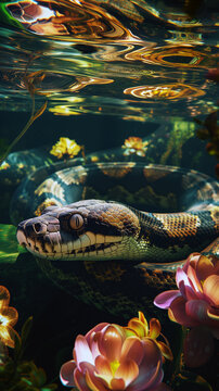 Submerged python with delicate water flowers. Generative AI image