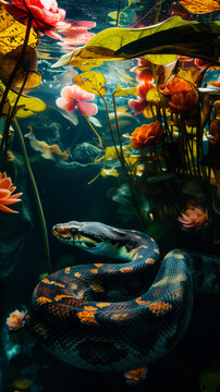 Enigmatic python lurking among vibrant water lilies. Generative AI image