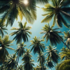Fototapeta na wymiar The image showcases a canopy of towering palm trees against the backdrop of a crystal clear blue sky. The sunlight filters through the palm fronds, casting shadows and practically painting a pict...