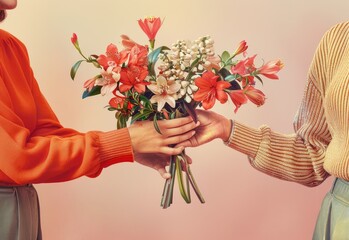Shared Blooms of Kindness, Two people in vibrant sweaters exchanging a lush bouquet of flowers, highlighting a warm gesture of giving and the joy of receiving